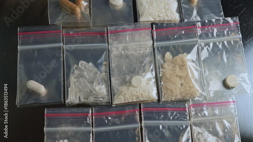 Fentanyl type opioid drugs display in small packages in powder crystals and capsules form. This drugs causing the most severe crisis in the world. Synthetic opioids, Fentanyl, Nitazenes, heroin.