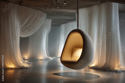 Abstract Minimalist Interior Design Featuring Sculptural  boucl? chair Hanging Pod