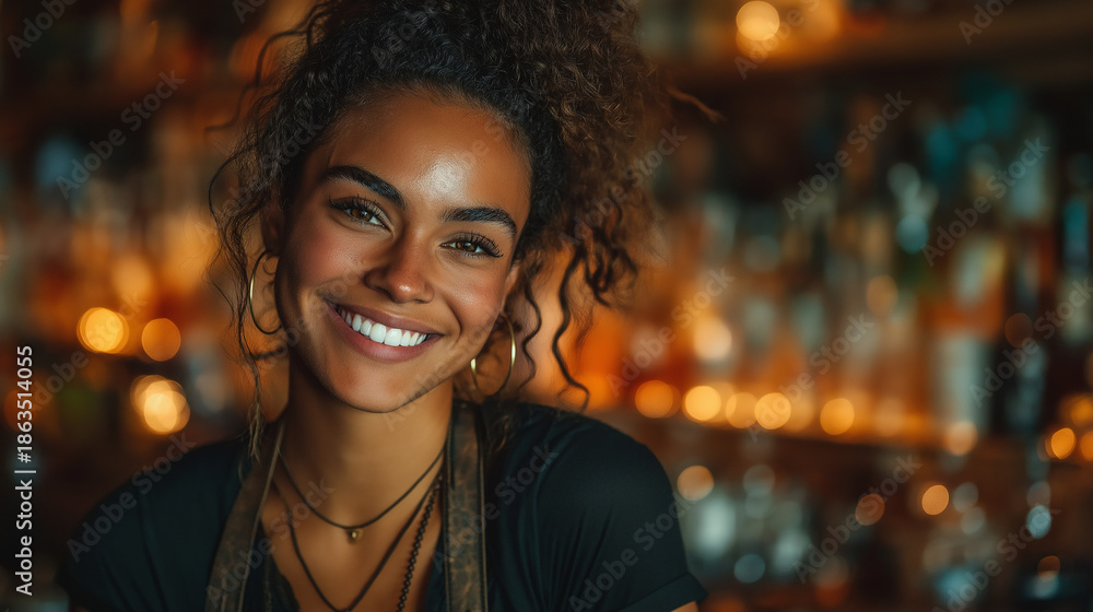 Obraz premium <Cheerful Mixed-Race Woman Bartender with Curls and Colorful Necklace Enjoys the Nightlife in Bar Atmosphere - Joyful Portrait of Vibrant Personality in Hospitality and Socializing Setting>