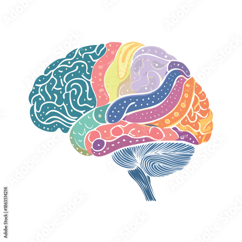 A colorful, stylized illustration of a human brain, depicting different lobes with unique patterns and pastel shades, representing cognitive functions and mental health.