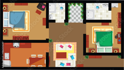 Top View 2 BHK Flat Apartment Interior Design Vector