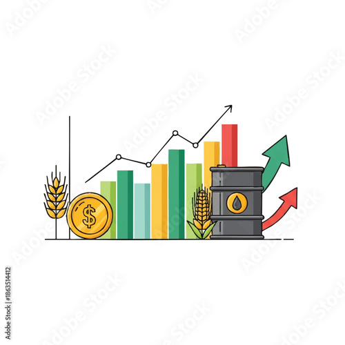A cartoon-style illustration of a gray oil barrel with a green arrow and red arrow, surrounded by a bar graph, wheat, corn, and a gold coin with a dollar sign on a white background.