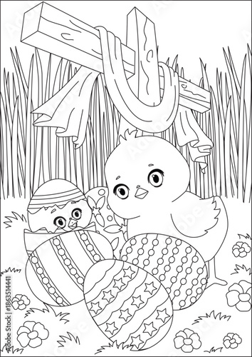 Jesus Cross Easter Eggs Chicks Hatching Coloring Pages for Kids Vector