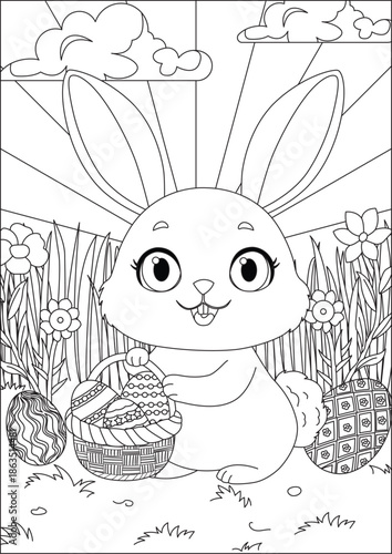 Bunny With Egg Basket Easter Coloring Page Vector