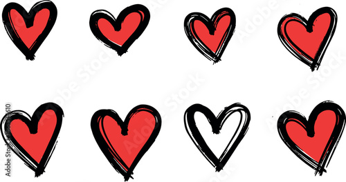 A collection of eight cartoon hearts in red black and white