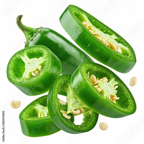 Fresh green pepper, whole and sliced, with seeds scattered, against white