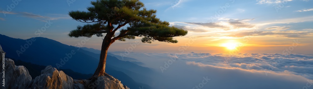 Fototapeta premium Majestic Tree on Rocky Cliff Overlooking Sunset and Cloudy Valley Landscape