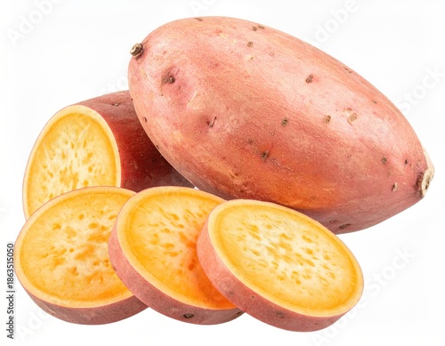Freshly cut and whole root vegetables against a clean white background