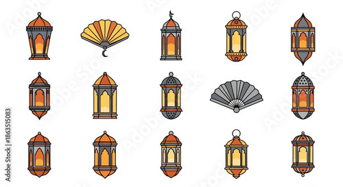 Set of Traditional Islamic Lanterns and Decorative Fans in a Pixel Art Style
