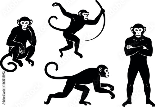 Four monkeys in different poses silhouette