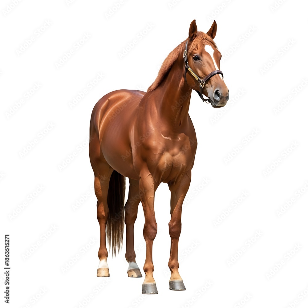 Fototapeta premium Muscular chestnut equine stands proudly against a pure white background
