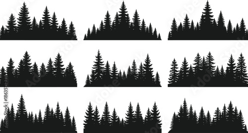 Pine Forest Silhouette Vector Collection Set of Coniferous Tree Horizons Black Evergreen Fir Timber Icons for Wild Nature and Adventure Design