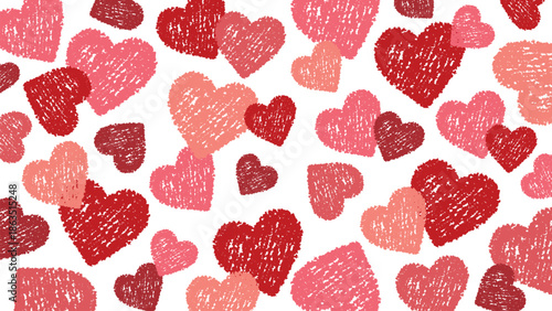 クレヨンタッチのかわいいハートをちりばめた背景素材/レッド