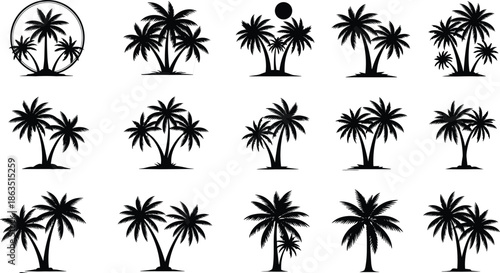 Palm Tree Silhouette Vector Collection Set of Tropical Coconut Trees Black Icon Symbols for Summer Vacation Beach and Island Design