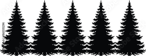 Set of five black spruce tree silhouettes with blue glow highlights isolated on white background for winter forest landscape design