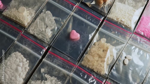 Pink heart shaped pressed pill ecstasy MDMA display, along with Fentanyl type opioid drugs in small packages, this drugs causing the most severe crisis in the world. Synthetic opioids Nitazenes.