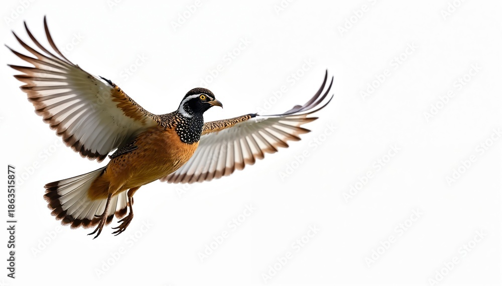 Obraz premium Male bobwhite quail flies with wings spread wide, detailed brown, black plumage. Wild bird isolated on clean white background, perfect for graphic design elements, educational materials.