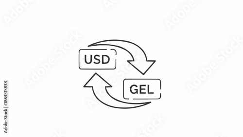 Currency exchange icon showing USD to GEL conversion.