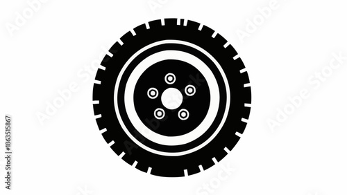 Black car tire with silver rim and five bolts.