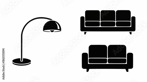 Modern furniture icons including a floor lamp and two sofas.