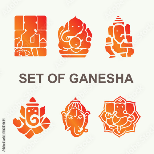 Set Of Ganesha Icons Symbols in Orange Gradient: Hindu God Deity Representations for Art, Decor, and Spiritual Themes