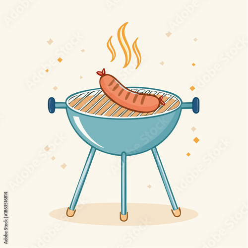 Pixel Art Sausage Cooking On A Teal Barbecue Grill With Orange Flames And Smoke Against A Pale Yellow Background With Small Orange Sparkles