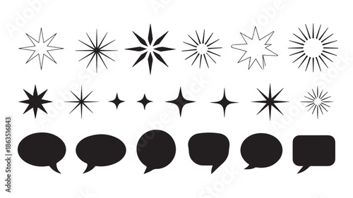 A collection of starburst and speech bubble icons in various styles and sizes