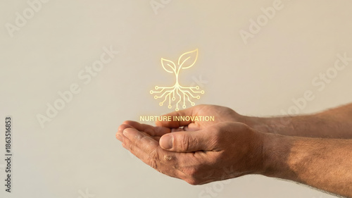 Hands plant logo nurture innovation high level planning care concept hope growth support sustainability future vision minimal design