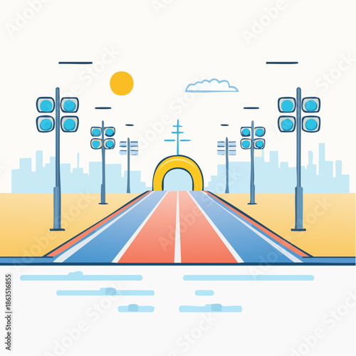 Clean Illustration Of A Sports Track Leading To A Stadium Archway Under A Sunny Sky With City Skyline In The Background And Streetlights Lining The Path