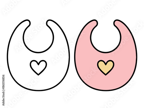 Simple baby bib illustration with a colored version and an outline version, cute and minimal style suitable for icons, stickers, baby graphics, kids content, and coloring pages.