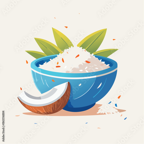 Blue bowl filled with white shredded coconut flakes topped with orange and red sprinkles with a slice of coconut on the side and green leaves in the background on a light cream colored background