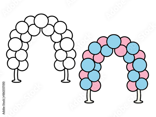 Simple balloon arch illustration with a colored version and an outline version, cute and minimal style suitable for icons, stickers, party graphics, kids content, and coloring pages.