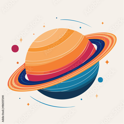 Stylized planet with rings and orbiting stars in a minimalist cosmic background with warm and cool color palette