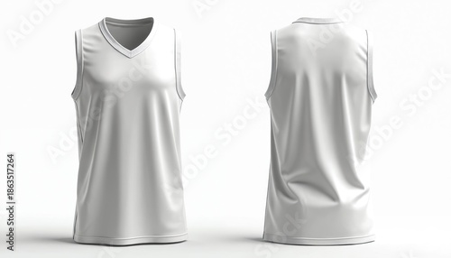 White blank basketball sleeveless jersey front, back views for apparel design. This clean sports uniform mockup allows for easy graphic customization for teams or brands. Ideal template for mockups.