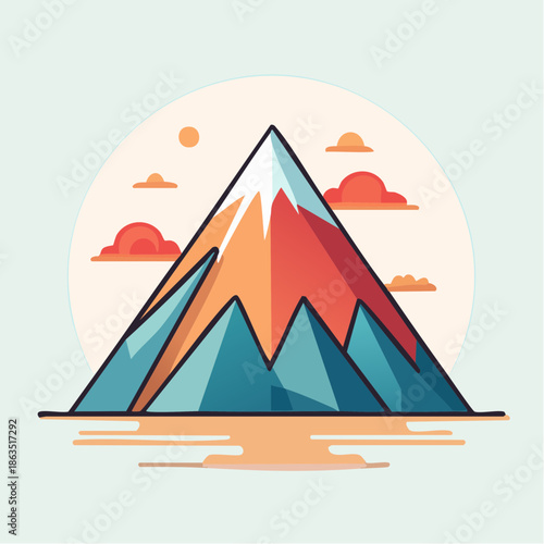 Stylized Mountain Peak With Snow Cap Under A Circular Sun And Orange Clouds With Calm Water Reflections