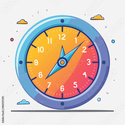 Round Analog Clock With Blue Bezel And Orange Gradient Face Showing Time With Stylized Clouds In Background
