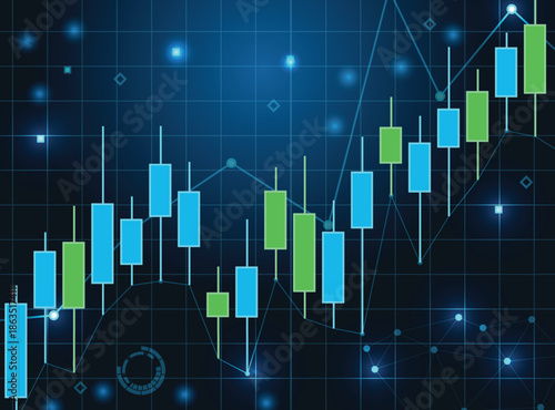 Abstract background digital stock market or cryptocurrency trading chart with vibrant green and blue Japanese candlesticks on a dark, futuristic grid