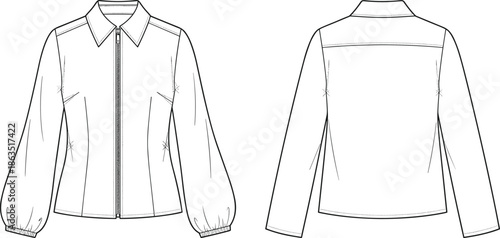 Women zip front jacket blouse technical fashion illustration, front and back view, long sleeve collared design, flat apparel outline