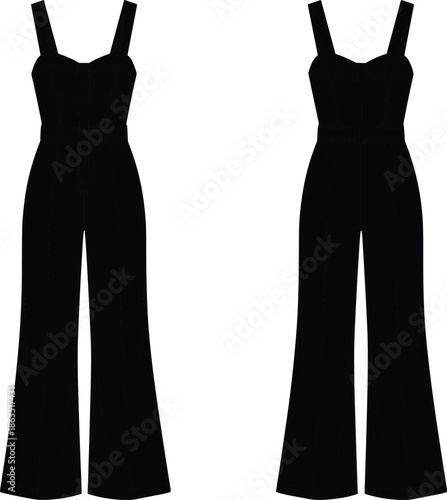 Women wide leg jumpsuit technical fashion illustration, front and back view, sleeveless fitted bodice, elegant modern apparel design