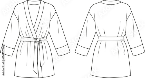 Women wrap dress front and back view technical fashion illustration with belt long sleeves black outline vector garment design