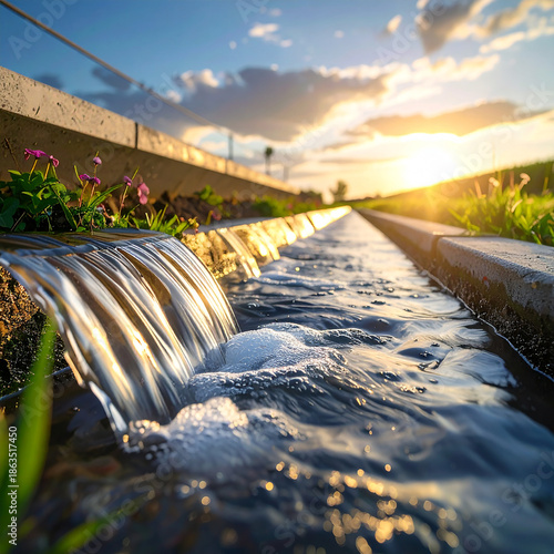 Waterway serenity: A close-up shot of water gently flowing along an artificial waterway channel, showcasing the beauty of the natural environment and the interplay of light and water. 