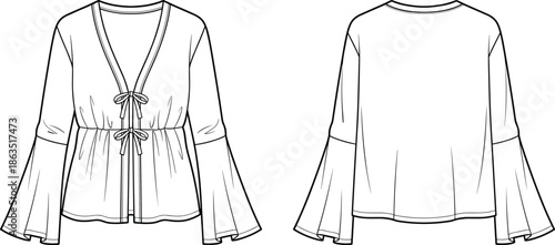 Women wrap blouse technical fashion illustration, front and back view, long flared sleeves, tie waist detail, flat apparel design