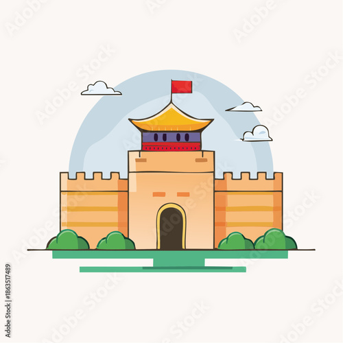 Ancient Chinese Fortification Gate With Yellow Roof And Red Flag Under Arching Blue Sky With Clouds And Green Bushes In Foreground