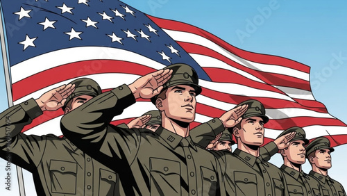 American soldiers saluting in unison with the united states flag waving behind them on a clear day with patriotism and military and nationalism