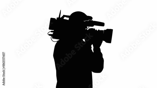 Silhouette of a videographer holding a professional camera.