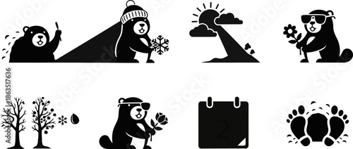 Cute black and white Groundhog Day vector icons predicting winter or spring.eps