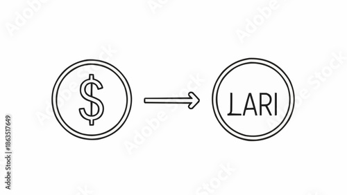Dollar coin symbol transforming into Lari currency symbol with arrow.