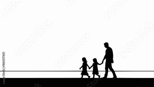 Father and two daughters walking together holding hands.
