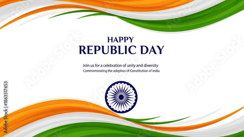 Indian republic day celebration with tricolor waves and ashoka chakra symbol on white background with Indian flag and Unity and Diversity and Patriotism