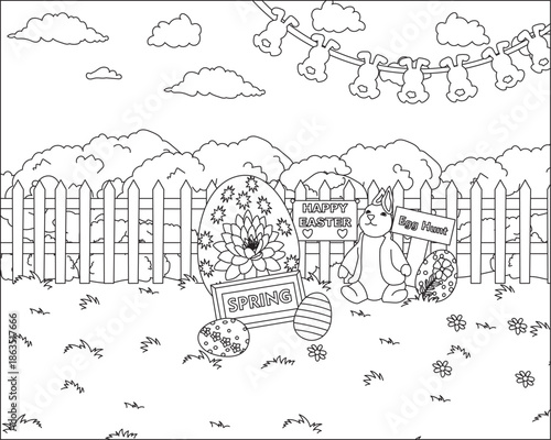 Easter Egg Hunt Celebration Coloring Pages For Kids Line Art Vector